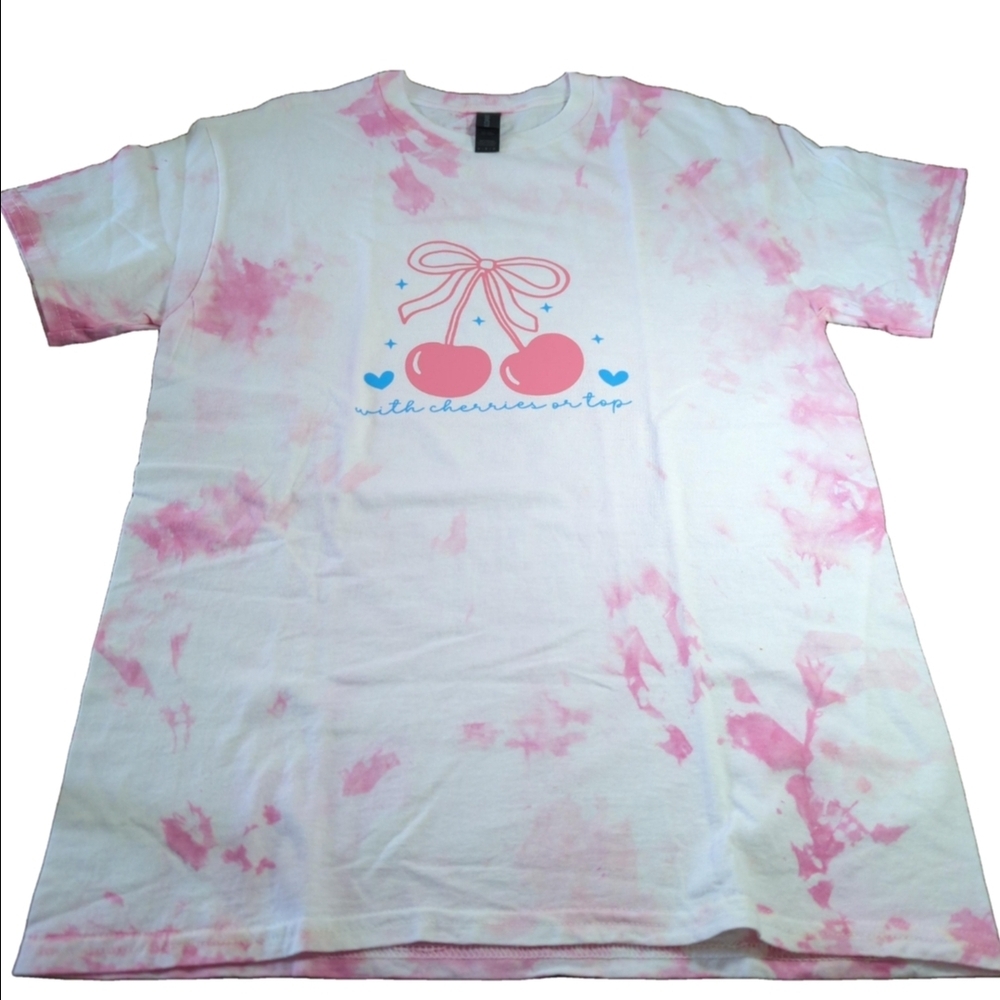 "With a Cherry on Top" Pink Tie Dye Relaxed Fit Graphic T-Shirt Size Medium